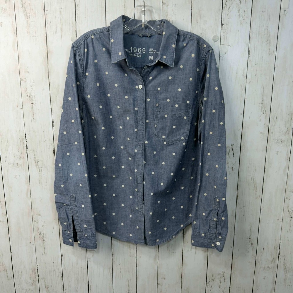 GAP 1969‎ Women's Chambray Button Down Shirt Polka Dot Denim Top Size M